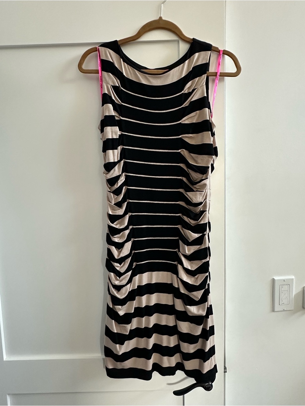 Betsey Johnson Black & Cream Striped Ruched Midi Dress